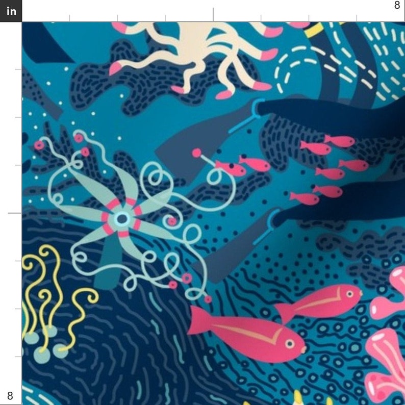 Scuba Divers Coral Reef Sports Fabric Scuba Diving Blue Etsy