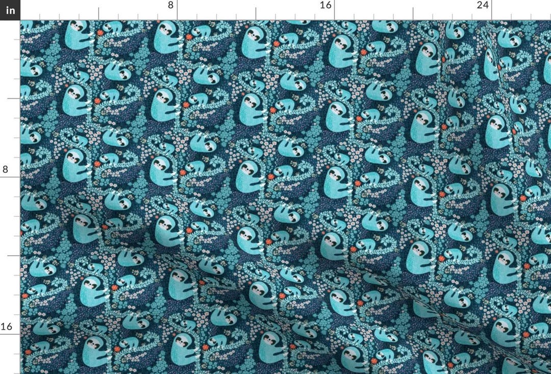 Blue Sloths Illustration Fabric - Sloth Cloth - Small Scale by Bound ...