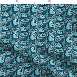 May include: A teal blue fabric with a repeating pattern of light blue sloths hanging from branches with pink flowers. The sloths are holding red apples.