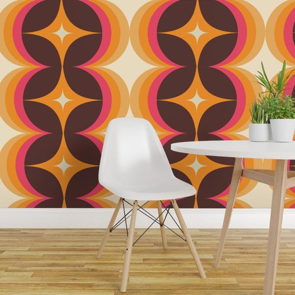 Pink Vintage Peel and Stick Wallpaper - Maximalist Brown Retro Orange Hippie - Removable Wall Decor Art - 70's Retro by annhurleydesign
