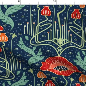 Art Nouveau Fabric - Art Nouveau Poppy by bamokreativ - Whimsical Floral Vintage Inspired Red Poppies Fabric by the Yard by Spoonflower