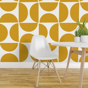 Mustard Gold Peel and Stick Wallpaper - Mid Century Modern Large Scale - Removable Wall Decor Art - Half Moon Mustard by latheandquill