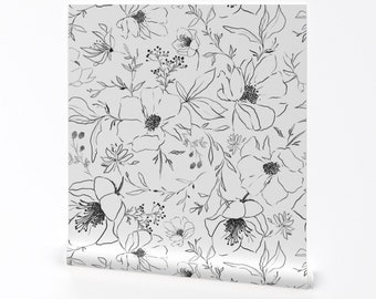 Doodle Flowers Wallpaper - Sketch Flowers By Hipkiddesigns - White Black Floral Jumbo Removable Self Adhesive Wallpaper Roll by Spoonflower
