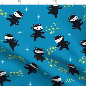 Ninja Cats Blue Fabric - Ninja Cats With Star Power - Large By Squirrelcoffee - Ninja Cats Cotton Fabric By The Yard With Spoonflower
