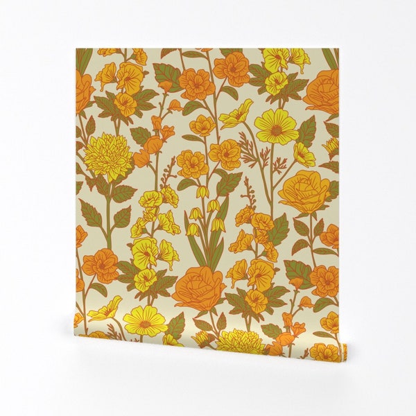 Retro Floral Wallpaper - Cottage Garden by somecallmebeth - Yellow Orange Green 1970s Removable Peel and Stick Wallpaper by Spoonflower