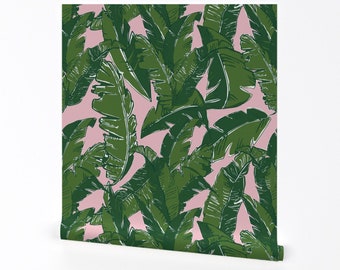 Tropical Wallpaper - Leaves Baninque Pink  by yesterdaycollection -  Preppy Palm Leaves Removable Peel and Stick Wallpaper by Spoonflower