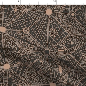 May include: A seamless pattern featuring a complex, intricate design of overlapping circles, lines, and shapes in a light brown colour on a dark brown background.