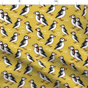 Canada Fabric - Puffins Fish Geo Birds Mustard Yellow Scotland Nordic Iceland By Andrea Lauren - Cotton Fabric By The Yard With Spoonflower