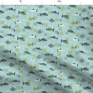 Geometric Fish Fabric - Green Fish Blue Fish By Nancy Bradham - Whimsical Fishing Aqua Teal Fish Cotton Fabric By The Yard With Spoonflower