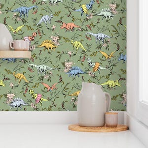 Dinosaur Wallpaper - Dino Dancer Dusk By Pattern State - Green Dinosaur Custom Printed Removable Self Adhesive Wallpaper Roll by Spoonflower image 7