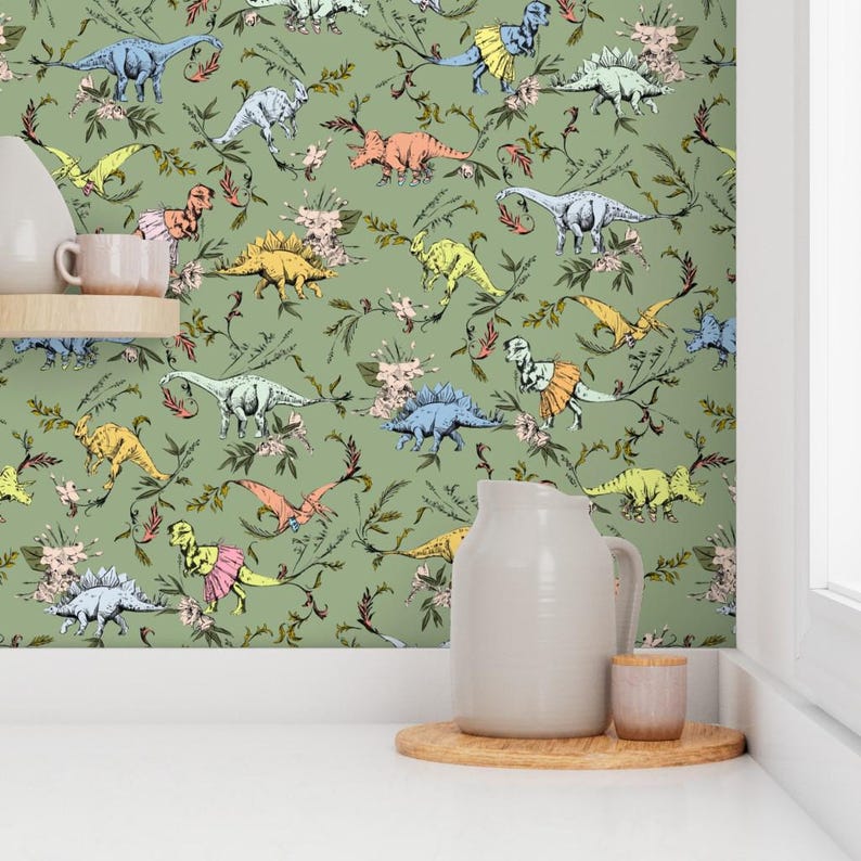 Dinosaur Wallpaper - Dino Dancer Dusk By Pattern State - Green Dinosaur Custom Printed Removable Self Adhesive Wallpaper Roll by Spoonflower image 7