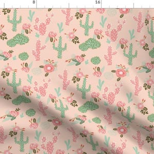Cactus Fabric - Cactus Flowers Florals Peach Blush Girls Pink Mint Flower By Charlottewinter - Cactus Floral Pink Fabric With Spoonflower
