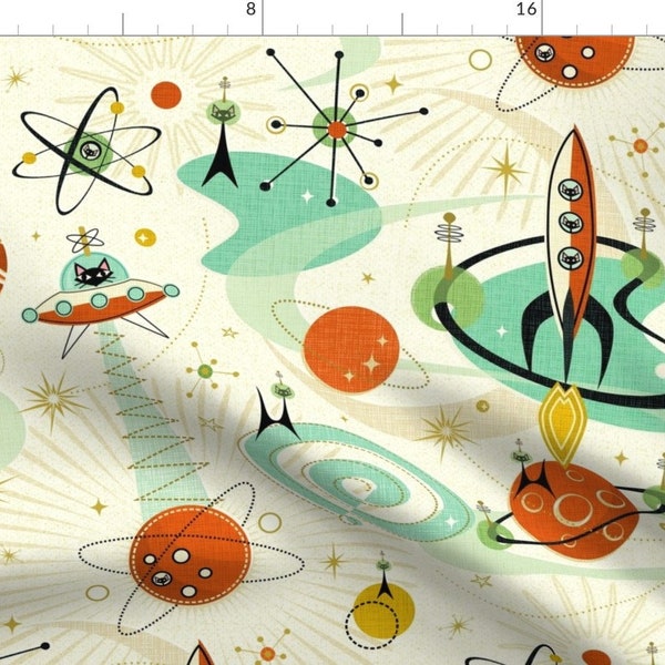 Mid Century Modern Fabric - Space Cats Xl by studioxtine - Retro Black Cats Spaceships Rockets Fabric by the Yard by Spoonflower