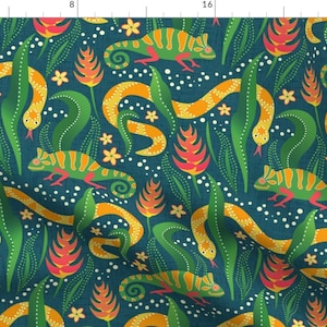 Reptilia Fabric - Chameleon And Snake By Illaberek - Navy Green Orange Lizard Kids Jungle Cotton Fabric By The Yard With Spoonflower