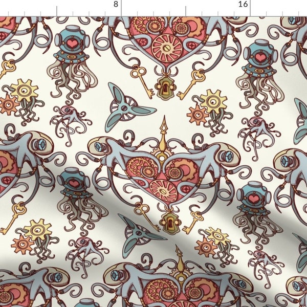 Steampunk Love Fabric - Octopuses In Love Scale 50 By Chicca Besso - Tentacles Gears Cogs Hearts Cotton Fabric By The Yard With Spoonflower