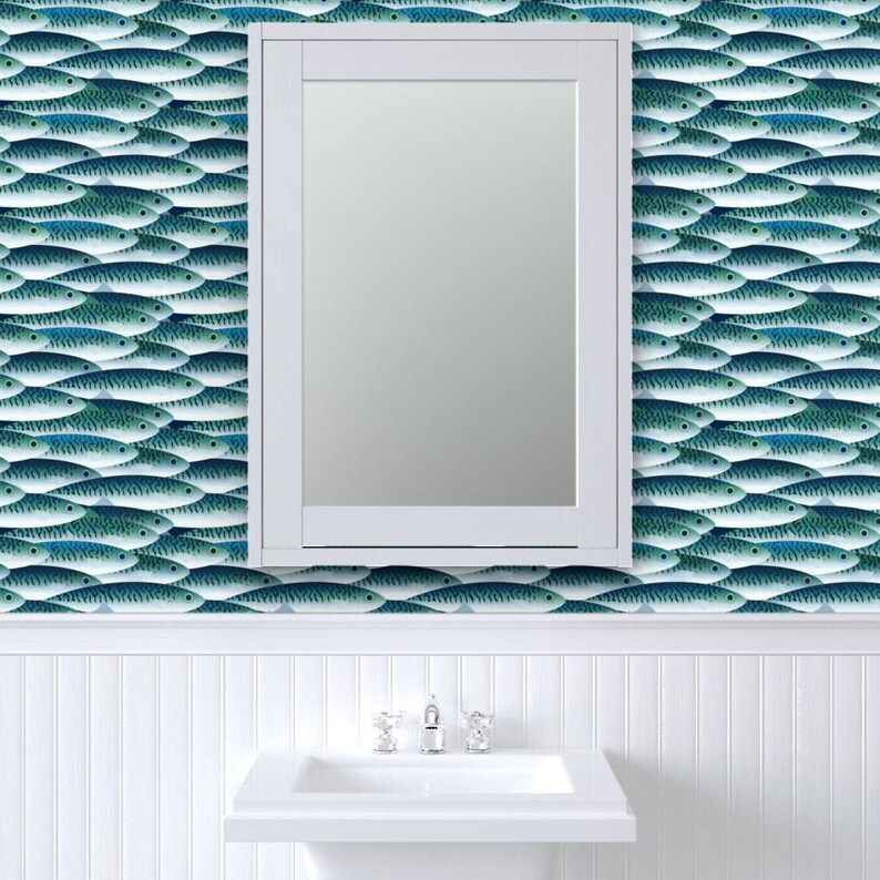 Fisch-Tapete - Meer von Spellstone - Fisch-blauen Schuppen Sportler Angeln Individuell bedruckte entfernbare selbstklebende Tapetenrolle von Spoonflower Bild 8