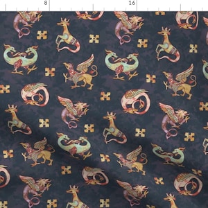 Medieval Fabric - Medieval Beasts Phantasmagoria By Taranealart - Medieval Smokey Jewel Tones Cotton Fabric By The Yard With Spoonflower