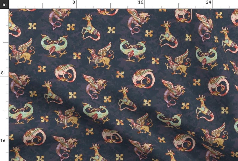 Medieval Fabric - Medieval Beasts Phantasmagoria By Taranealart - Medieval Smokey Jewel Tones Cotton Fabric By The Yard With Spoonflower image 1