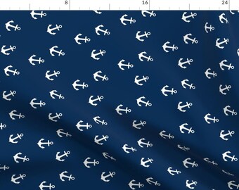 Navy Anchors Fabric - Anchors On Navy- Rotated By Modfox - Navy Nautical Nursery Decor Cotton Fabric By The Yard With Spoonflower