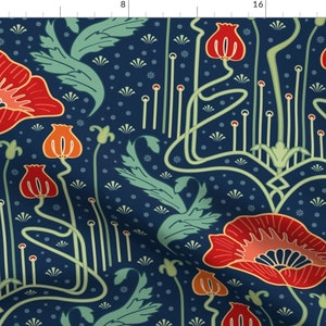 Art Nouveau Fabric - Art Nouveau Poppy by bamokreativ - Whimsical Floral Vintage Inspired Red Poppies Fabric by the Yard by Spoonflower