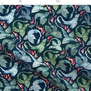 Watercolor Dragon Fabric - Dragon Fire Dark Blue Green Small By Adenaj - Whimsical Fairy Tale Cotton Fabric By The Yard With Spoonflower
