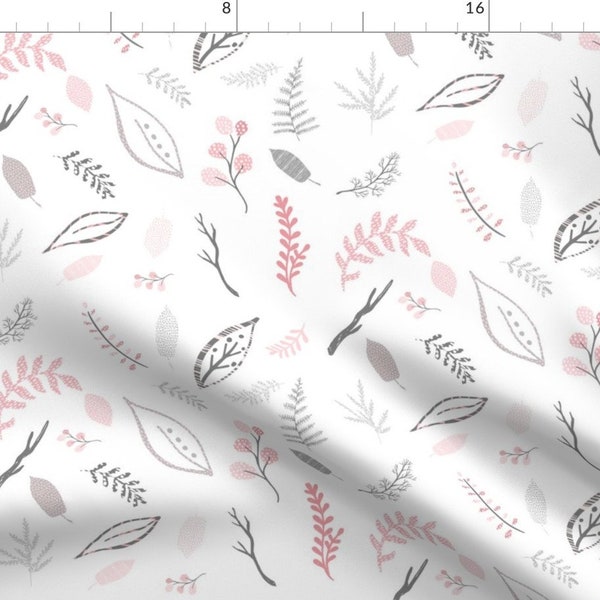 Winter Fabric - 10.5" Pink Gray White Leaves By Shopcabin - Winter Leaves Berries Pink Gray White Cotton Fabric By The Yard With Spoonflower