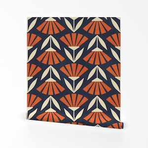 Orange Ablösbare Tapete zum Abziehen und Aufkleben - Blaue Marine Blumen Retro - Wandkunst Wanddekor - Orange Marine Retro Geometrische Blumen von bobbieval