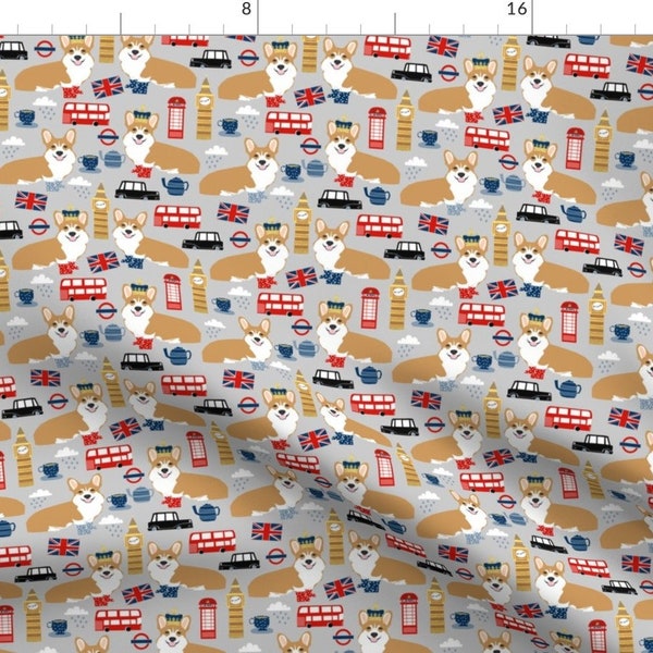 Corgi Fabric - Corgis In London - British Union Jack Fabric Queen By Petfriendly - Corgi UK Gray Cotton Fabric By The Yard With Spoonflower