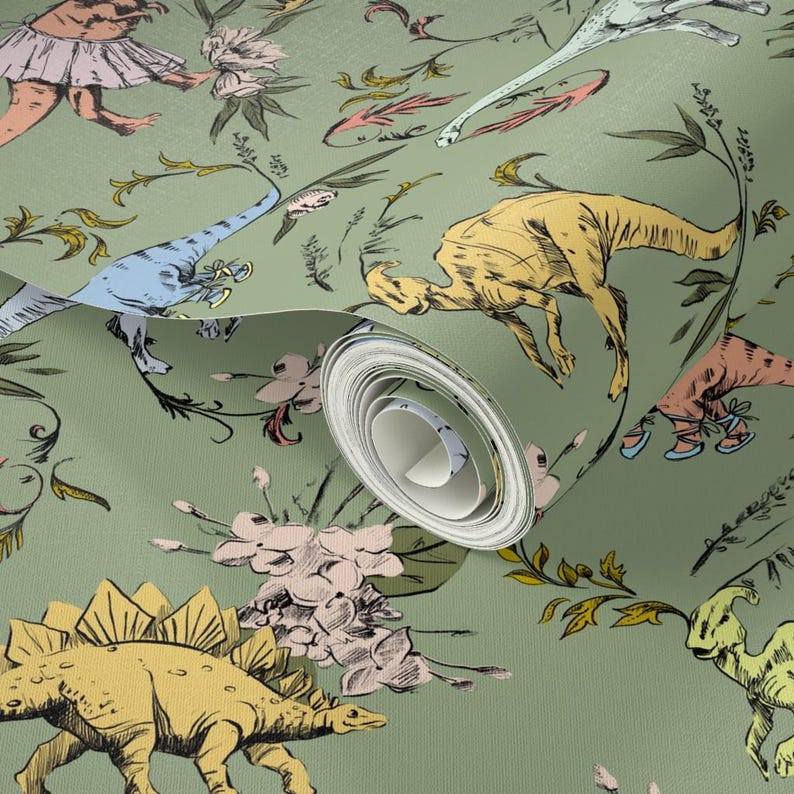 Dinosaur Wallpaper - Dino Dancer Dusk By Pattern State - Green Dinosaur Custom Printed Removable Self Adhesive Wallpaper Roll by Spoonflower image 3
