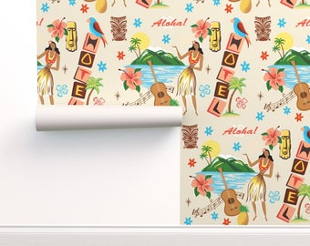 Hula Girl Wallpaper - Hawaiian Holiday By Ruby Ritz - Retro Hawaiian Custom Printed Removable Self Adhesive Wallpaper Roll by Spoonflower