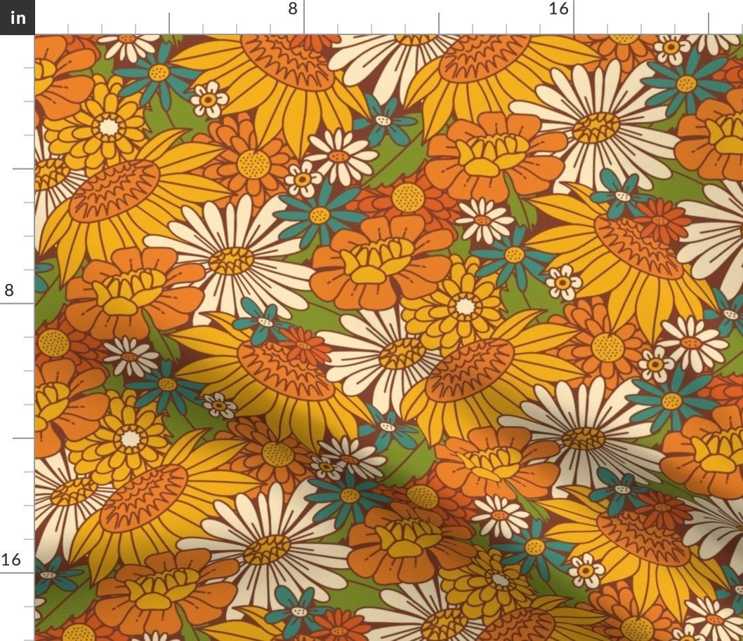 Retro Sunflower Fabric 70s Retro Floral by Latheandquill - Etsy Israel