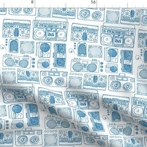Radio Fabric - Drawing Of Boom Boxes (In Royal Blue) By Kendrashedenhelm -Blue  Radio Music Cotton Fabric By The Yard With Spoonflower