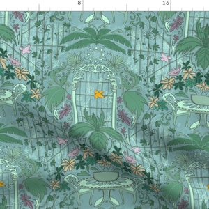 Victorian Greenhouse Fabric - Greenhouse At Breakfast By Sucridor - Green Romantic Conservatory Cotton Fabric By The Yard With Spoonflower
