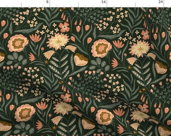 Peach Floral Fabric - Becca Soothing Green by scarlet_soleil - Botanical Damask Peach Pink Modern Garden  Fabric by the Yard by Spoonflower