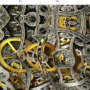 May include: A seamless pattern featuring a complex design of interlocking gears and cogs in shades of gold, silver, and black. The intricate details create a steampunk aesthetic.