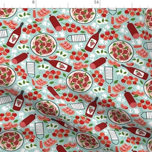 Italian Food Fabric - Pasta Chef by anzela - Teal Red Pasta Tomatoes Spaghetti Wine Meatballs Chef Cooking Fabric by the Yard by Spoonflower