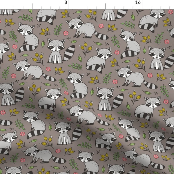 Raccoon Fabric - Raccoon With Leaves Flowers Warm Grey Brown By Caja Design - Baby Animal Nursery Cotton Fabric By The Yard With Spoonflower