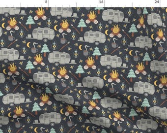 RV Fabric - Retro RV Camping By Musingtreedesigns - Camping RV Woodland Vacation Trees Campfire Cotton Fabric By The Yard With Spoonflower