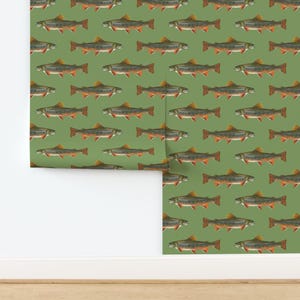 Fish Wallpaper - Brook Trout By Weavingmajor - Vintage Green Cabin Lodge Mountains Removable Self Adhesive Wallpaper Roll by Spoonflower image 4