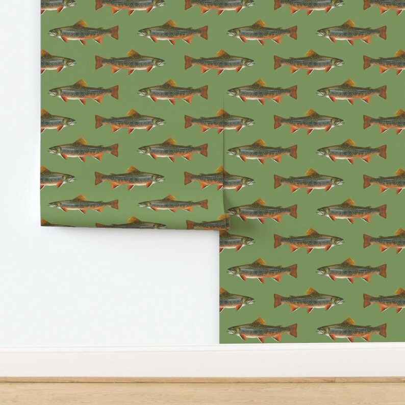 Fish Wallpaper - Brook Trout By Weavingmajor - Vintage Green Cabin Lodge Mountains Removable Self Adhesive Wallpaper Roll by Spoonflower image 4
