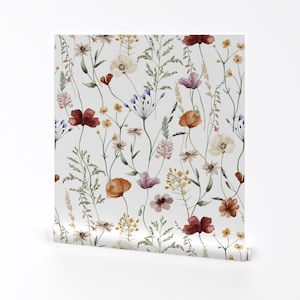 Cottagecore Wallpaper - Hand Painted Watercolor Wildflowers By Utart - White Meadow Removable Self Adhesive Wallpaper Roll by Spoonflower