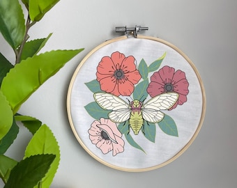 Cicada Embroidery Template on Cotton - Cicada Blossons By washburnart - Insect Embroidery Pattern for 6" Hoop Custom Printed by Spoonflower