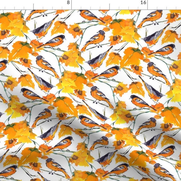 Orange Fall Leaves Bird Fabric - Birds In Autumn By Mjmstudio - Harvest Cotton Fabric By The Yard With Spoonflower