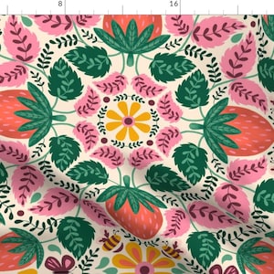 Strawberry Fabric - Strawberry Jubilee By Twinkleandtwine - Strawberry Damask Folk Fruit Summer Cotton Fabric By The Yard With Spoonflower