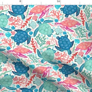 Turtle Fabric - Paradise Beach Turtles By Tangerine-Tane - Blue Pink Turquoise Tortoise Ocean Cotton Fabric By The Yard With Spoonflower