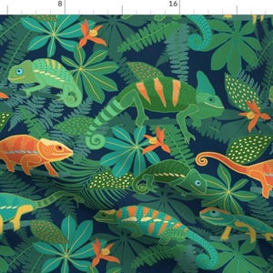 Chameleons Fabric - Chameleons In Jungle By Nadyabasos - Blue Green Jungles Leaves Trees Tropical Cotton Fabric By The Yard With Spoonflower