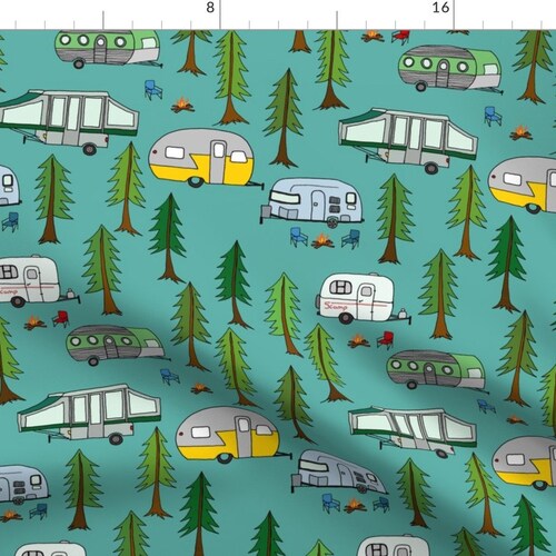Rv Camping Woodland Vacation Trees Campfire Fabric Printed by Spoonflower BTY 