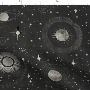 May include: A black and white fabric design featuring a repeating pattern of planets, stars, and celestial bodies. The design is reminiscent of a vintage astronomy chart.