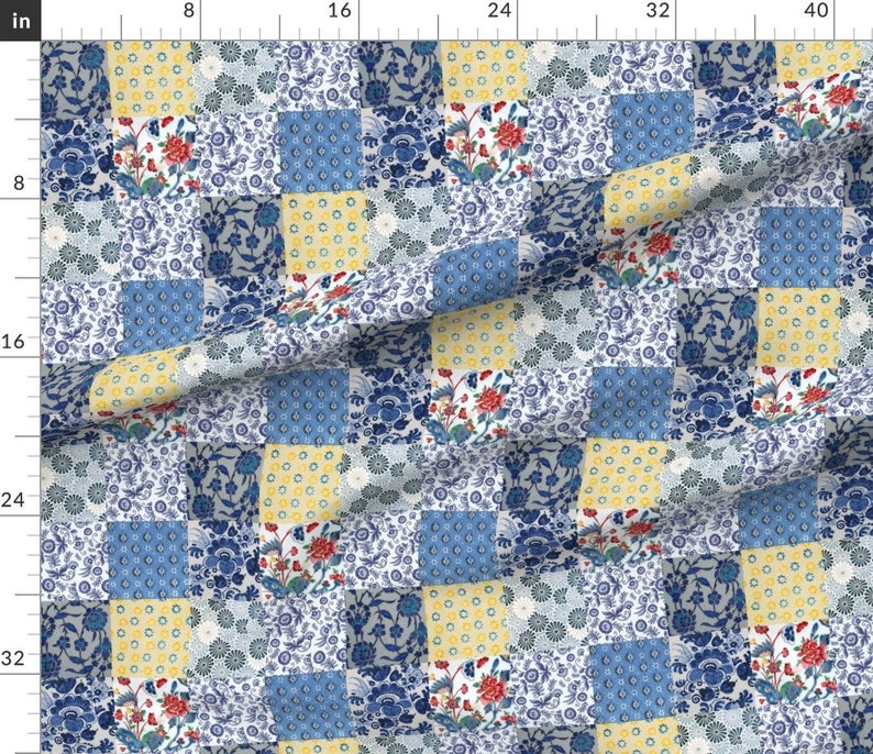 Blue Yellow Floral Cheater Quilt Fabric Vintage Inspired Etsy