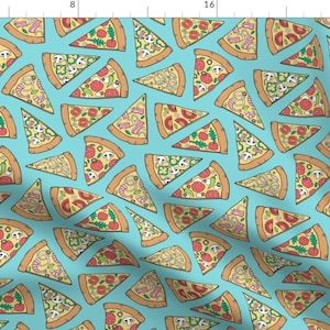 Pizza Slices On Blue Fabric - Pizza Fast Junk Food On Blue By Caja Design - Pizza Greasy Toppings Cotton Fabric By The Yard With Spoonflower